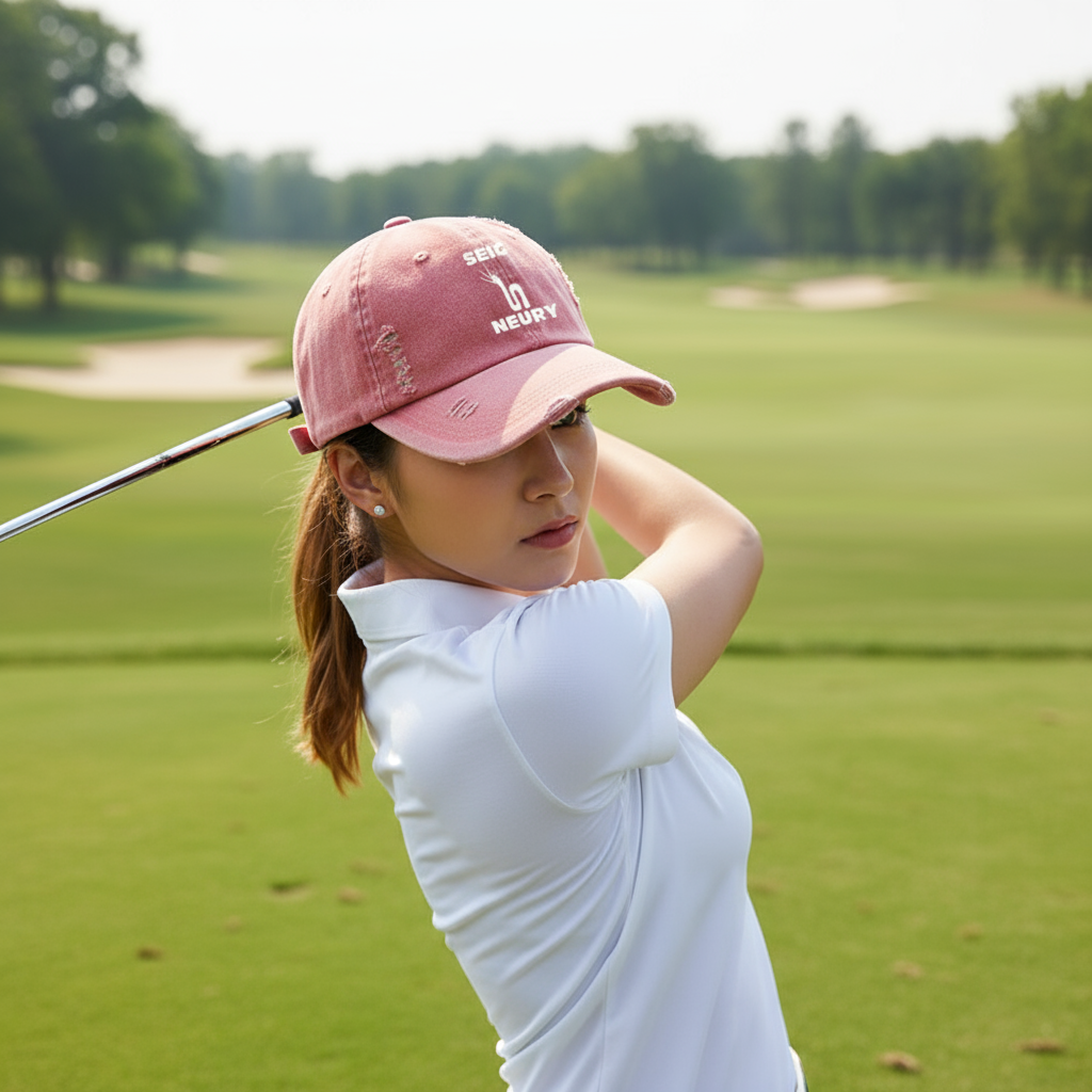 Casquette SEIGNEURY rose portée par une golfeuse