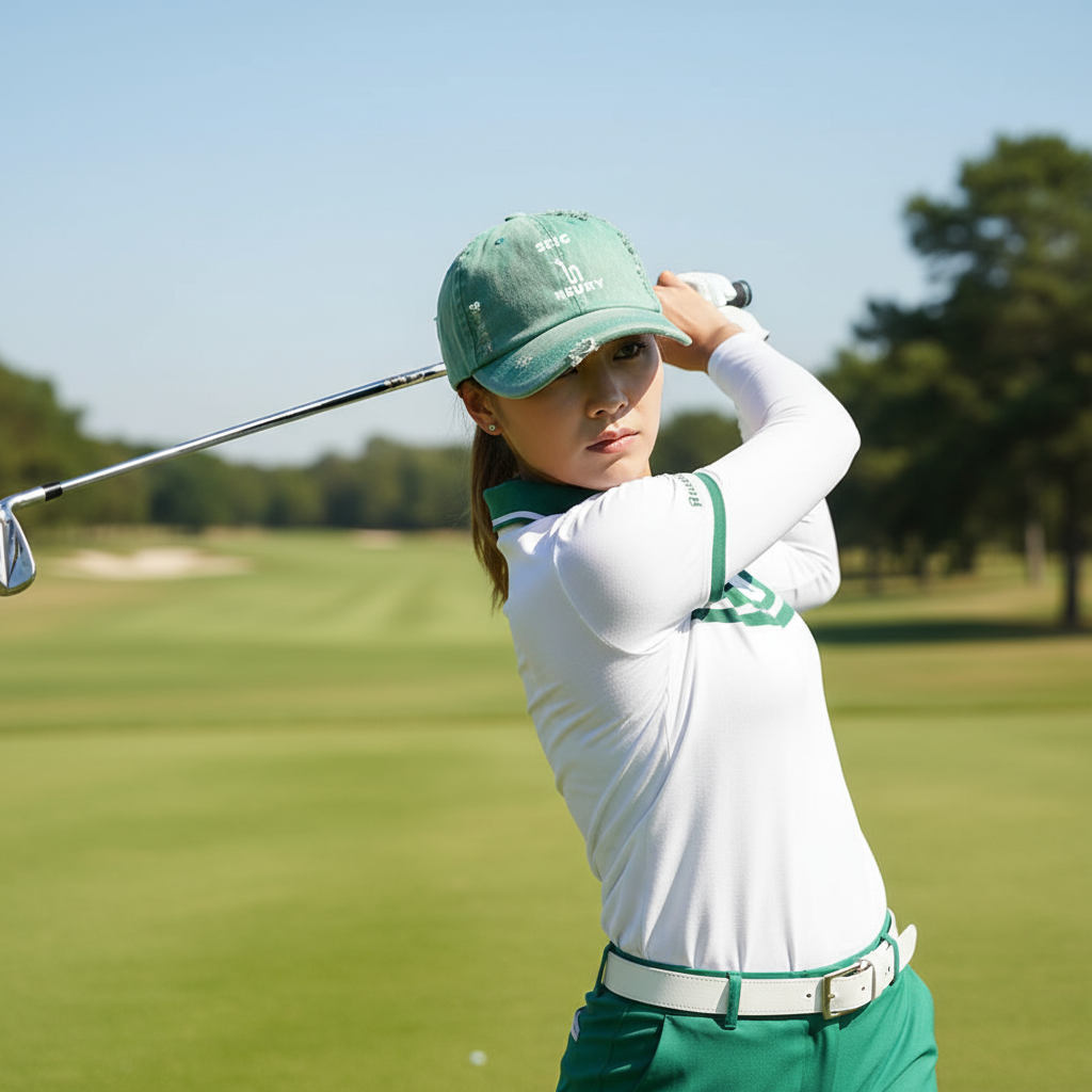 Casquette SEIGNEURY vert clair portée par une golfeuse