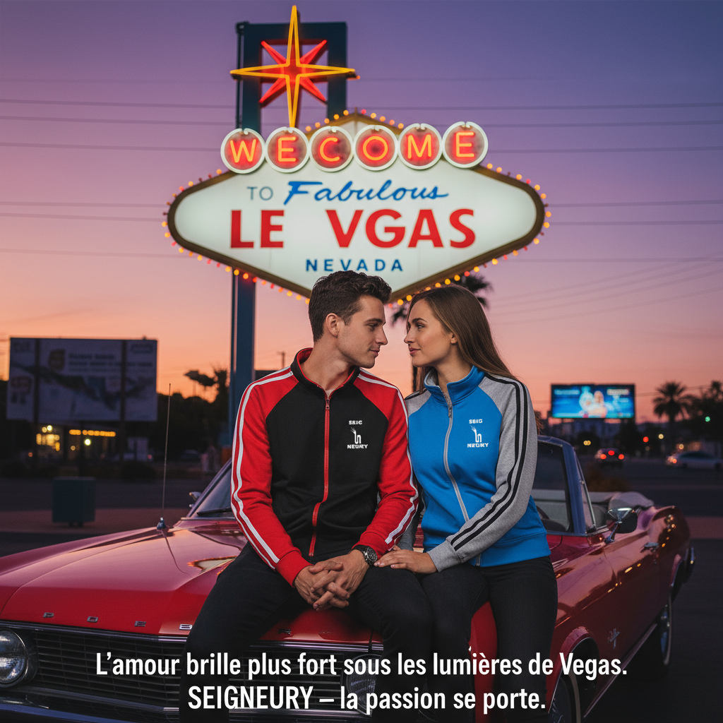 Couple portant des vestes Seigneury devant le panneau Welcome to Las Vegas