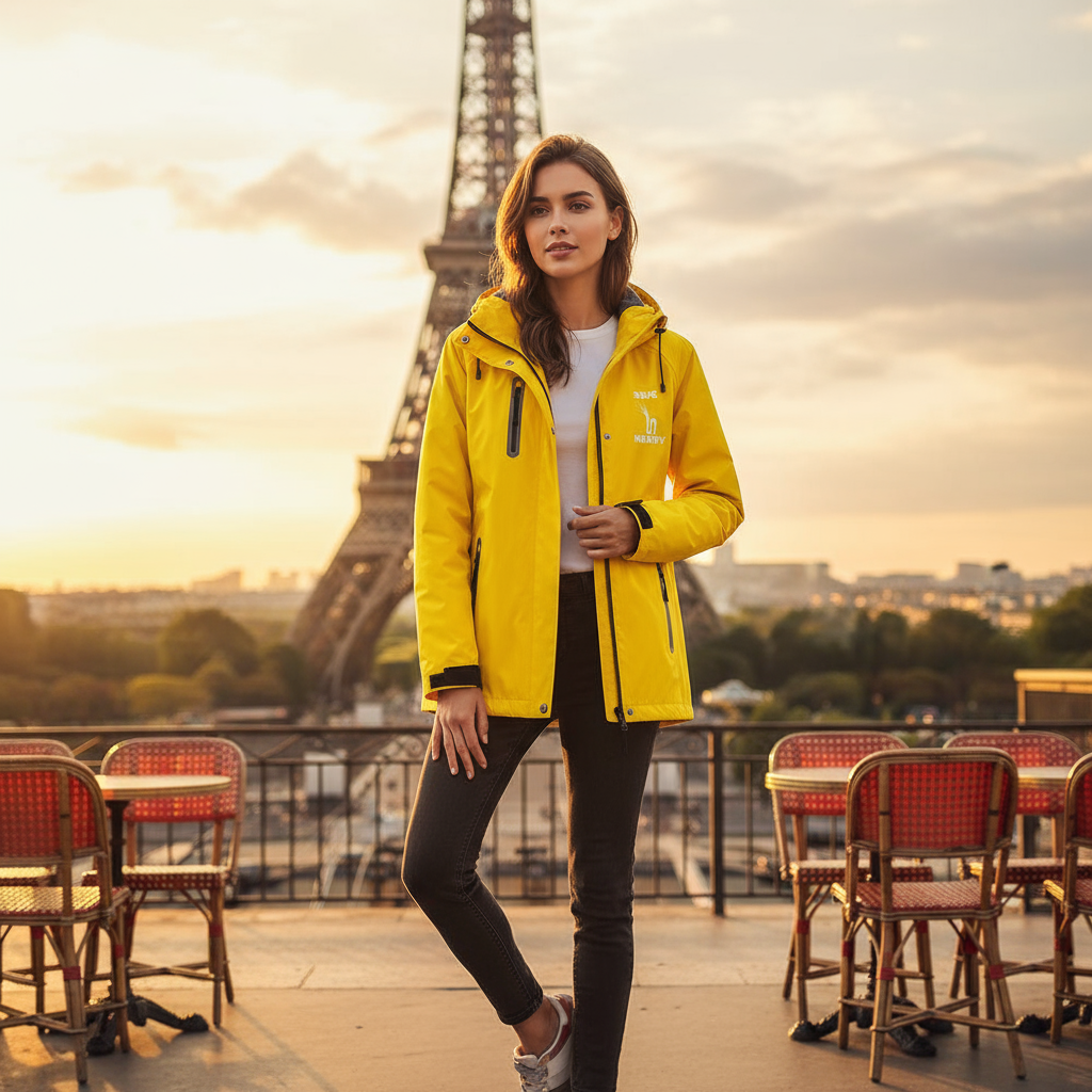 Femme portant le manteau jaune SEIGNEURY devant la Tour Eiffel