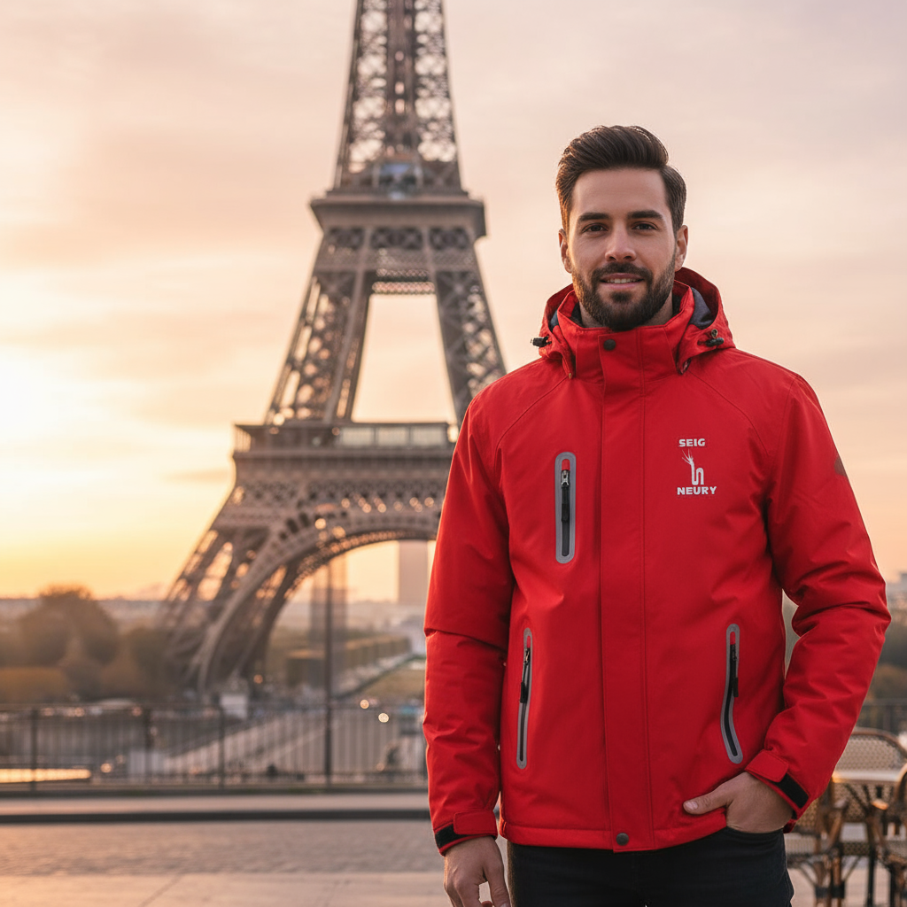 Homme portant le manteau SEIGNEURY devant la Tour Eiffel