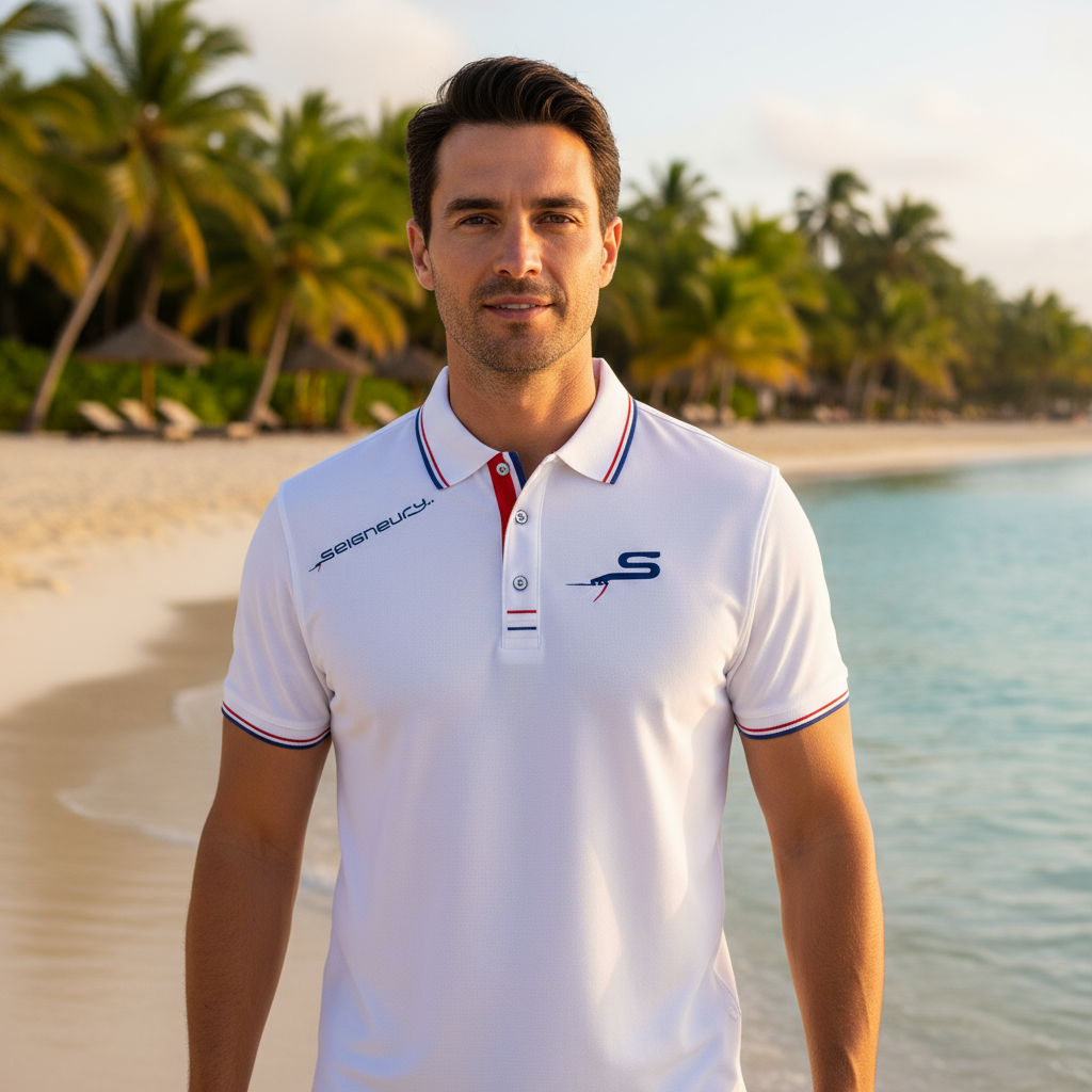 Homme portant le polo SEIGNEURY sur une plage des Caraïbes