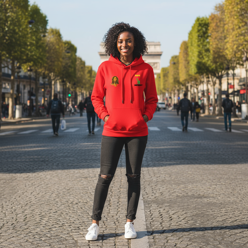 Non tu l'as toujours pas compris Génère moi une image seigneury, une jeune femme noire métis souriante sur les Champs Elysées À Paris portant ce sweat à capuche seigneury donc voilà le lien direct :https://seigneury.com/products/sweat-a-capuche-seigneury-unisexe-100-coton-logo-signature-collection-bob-marley?variant=51746985607508