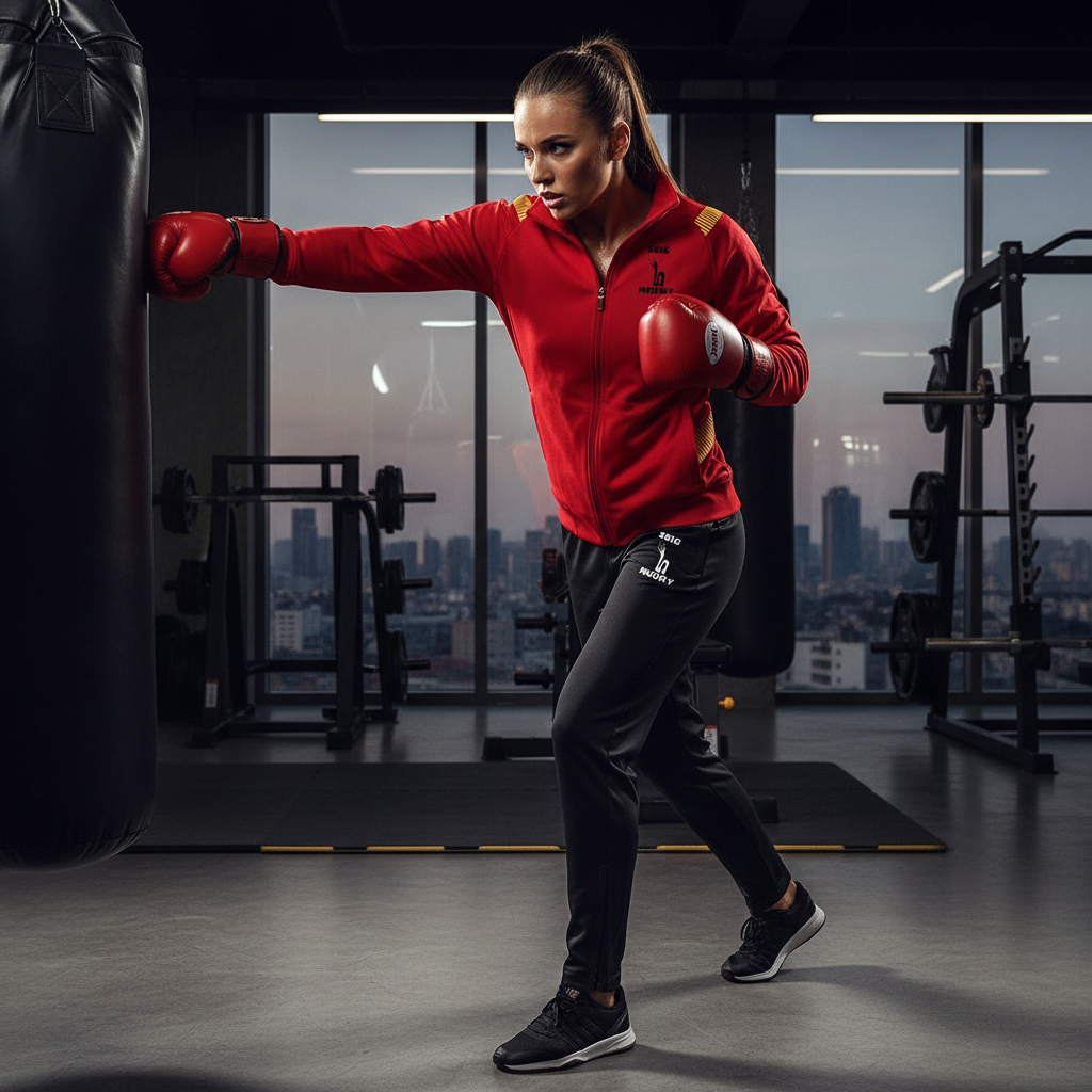 Boxeuse en combinaison rouge