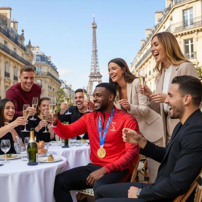 Champion olympique en combinaison SEIGNEURY rouge entouré d'athlètes à Paris