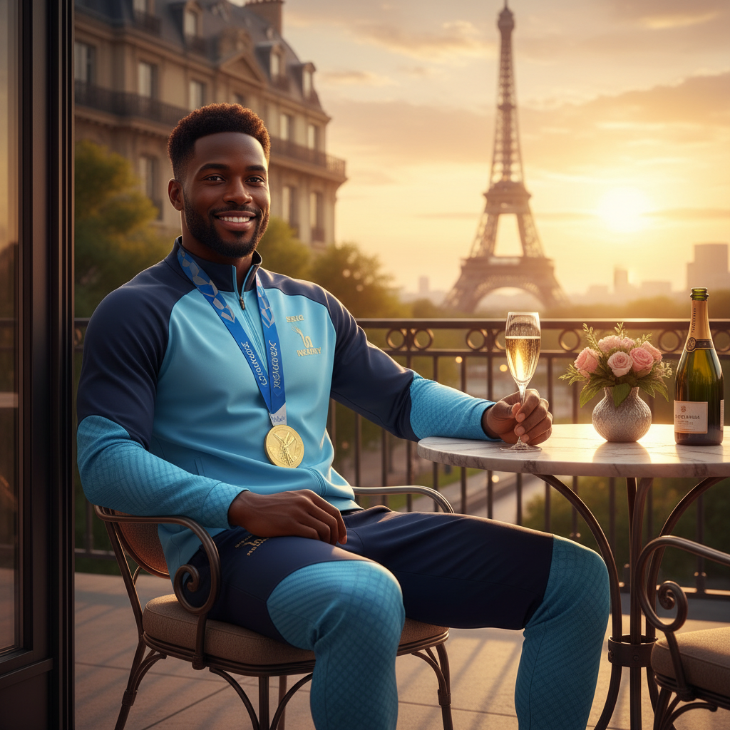 Champion olympique en combinaison SEIGNEURY sur terrasse parisienne