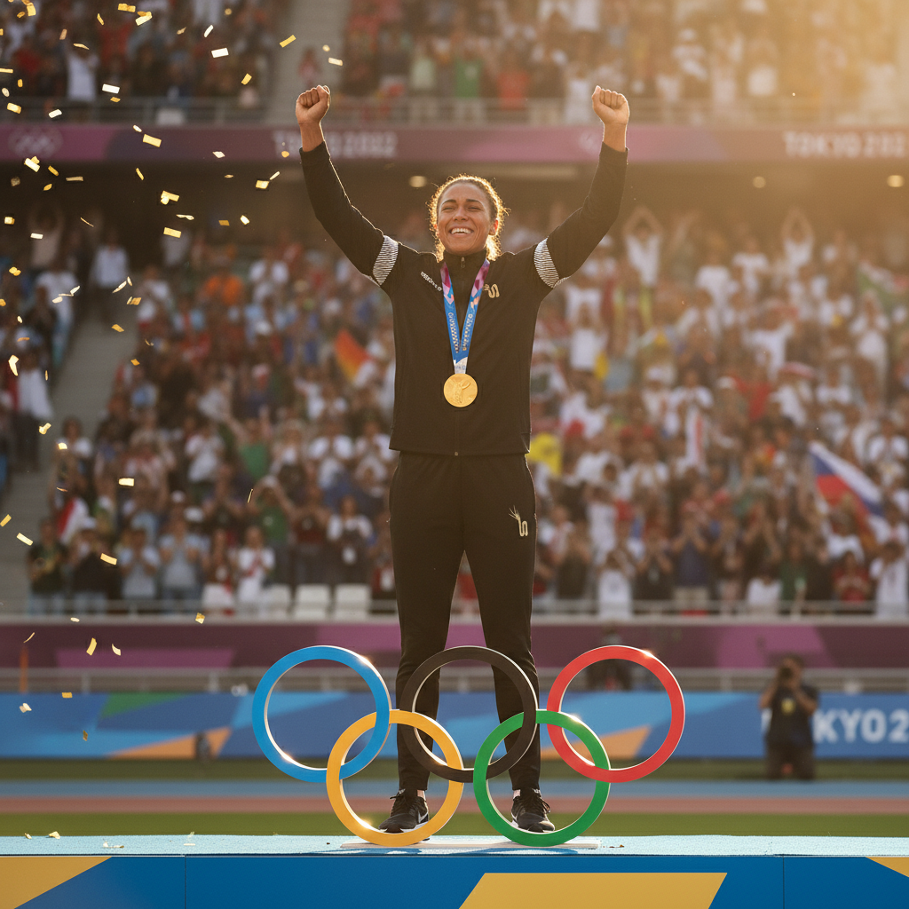 Champion olympique en survêtement SEIGNEURY noir sur podium