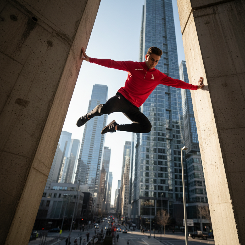 Homme en jogging rouge - Parkour urbain