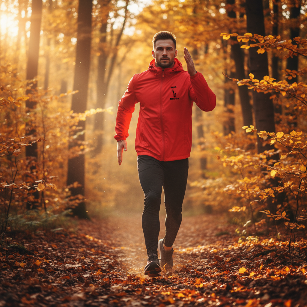 Veste rouge SEIGNEURY course forêt automne logo visible
